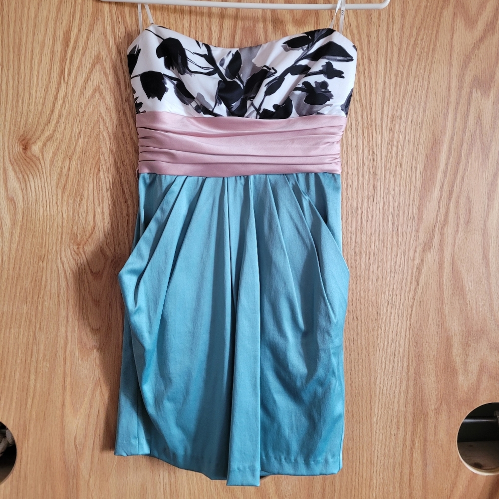 Forever 21 Satin Style Strapless Contemporary Women Dress S with Pockets Teal